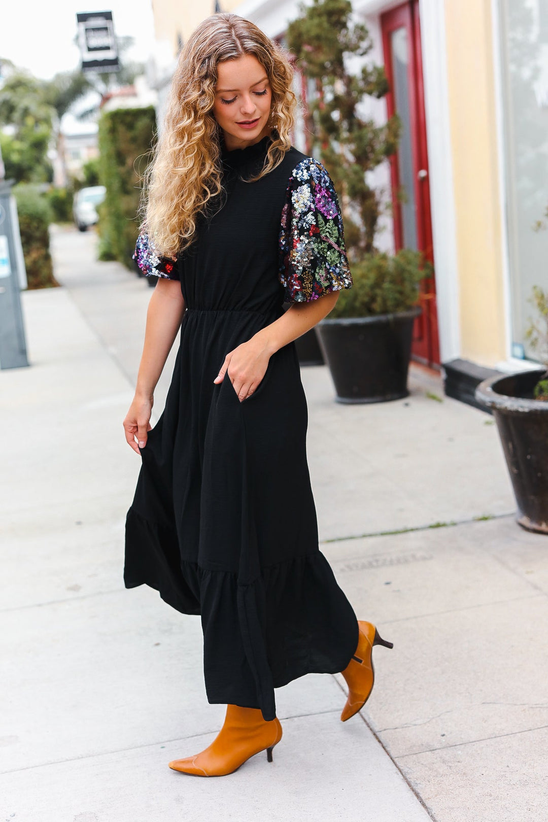 Black Floral Sequin Puff Sleeve Mock Neck Tiered Maxi Dress-Haptics-Small-[option4]-[option5]-[option6]-[option7]-[option8]-Shop-Boutique-Clothing-for-Women-Online