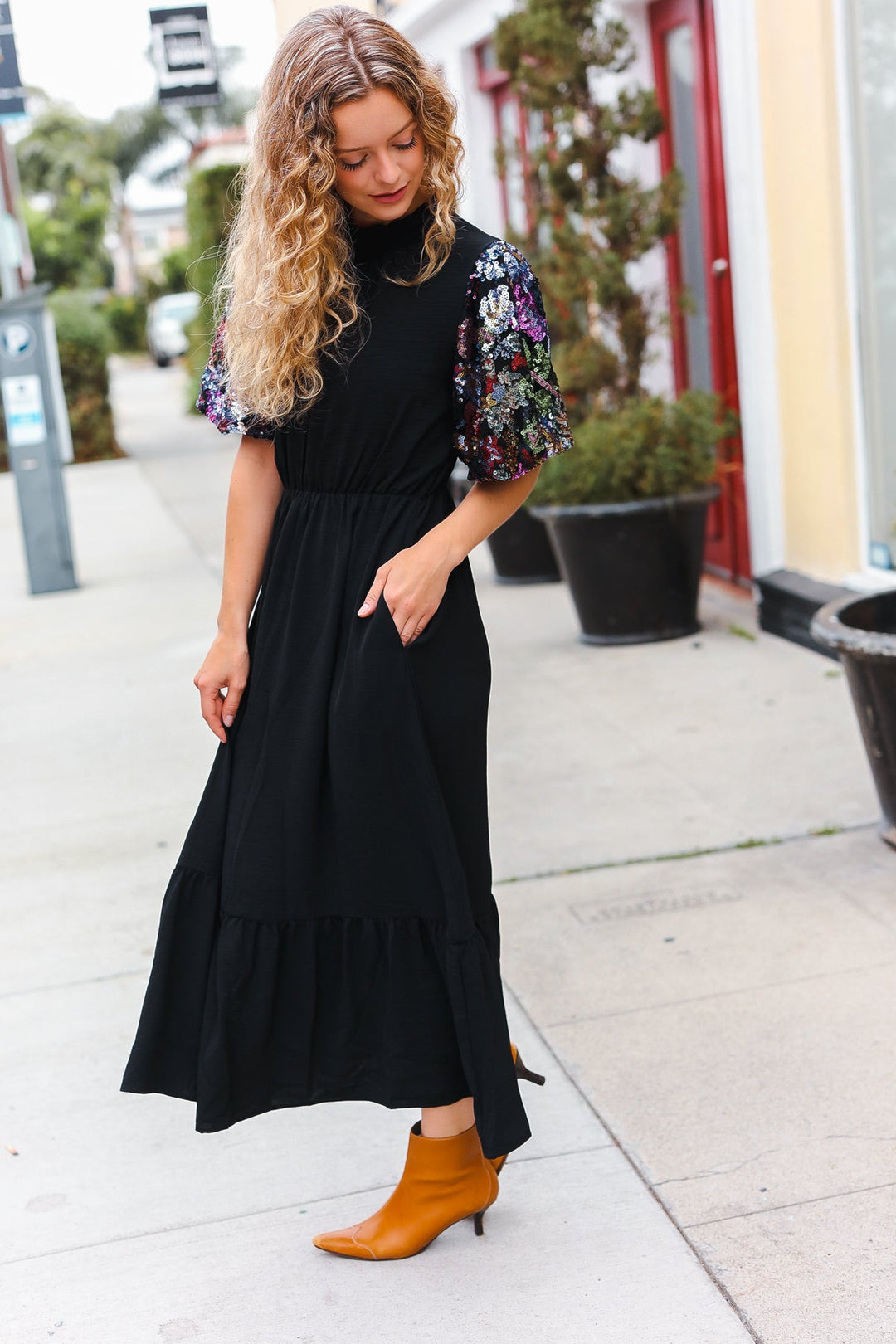 Black Floral Sequin Puff Sleeve Mock Neck Tiered Maxi Dress-Haptics-Small-[option4]-[option5]-[option6]-[option7]-[option8]-Shop-Boutique-Clothing-for-Women-Online