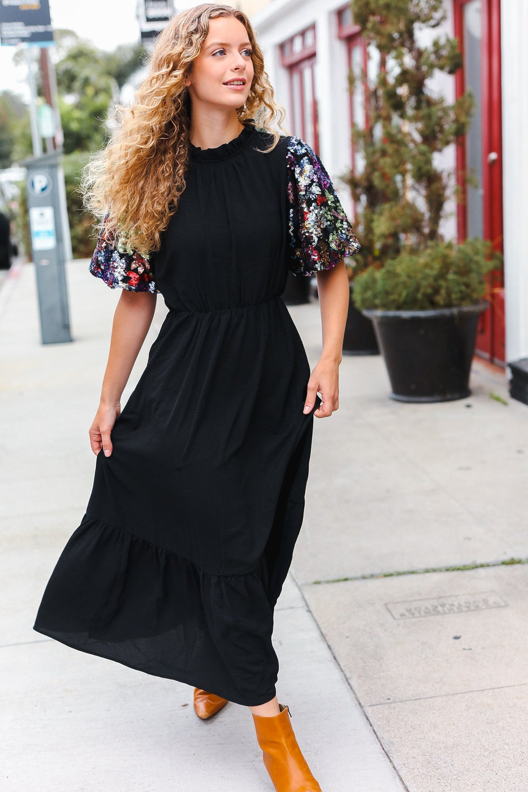 Black Floral Sequin Puff Sleeve Mock Neck Tiered Maxi Dress-Haptics-Small-[option4]-[option5]-[option6]-[option7]-[option8]-Shop-Boutique-Clothing-for-Women-Online