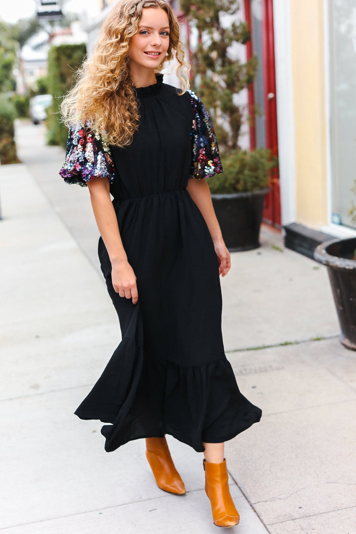 Black Floral Sequin Puff Sleeve Mock Neck Tiered Maxi Dress-Haptics-Small-[option4]-[option5]-[option6]-[option7]-[option8]-Shop-Boutique-Clothing-for-Women-Online