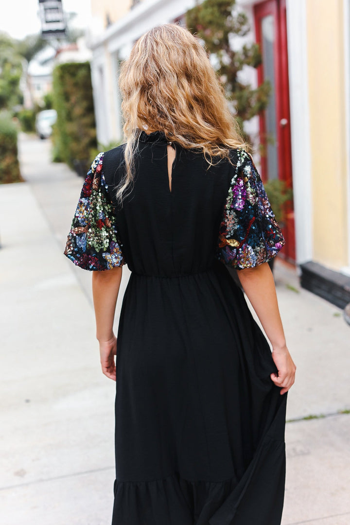 Black Floral Sequin Puff Sleeve Mock Neck Tiered Maxi Dress-Haptics-Small-[option4]-[option5]-[option6]-[option7]-[option8]-Shop-Boutique-Clothing-for-Women-Online