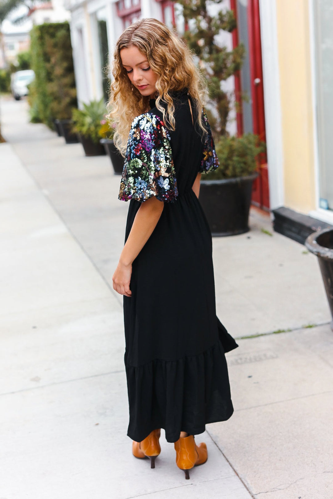 Black Floral Sequin Puff Sleeve Mock Neck Tiered Maxi Dress-Haptics-Small-[option4]-[option5]-[option6]-[option7]-[option8]-Shop-Boutique-Clothing-for-Women-Online