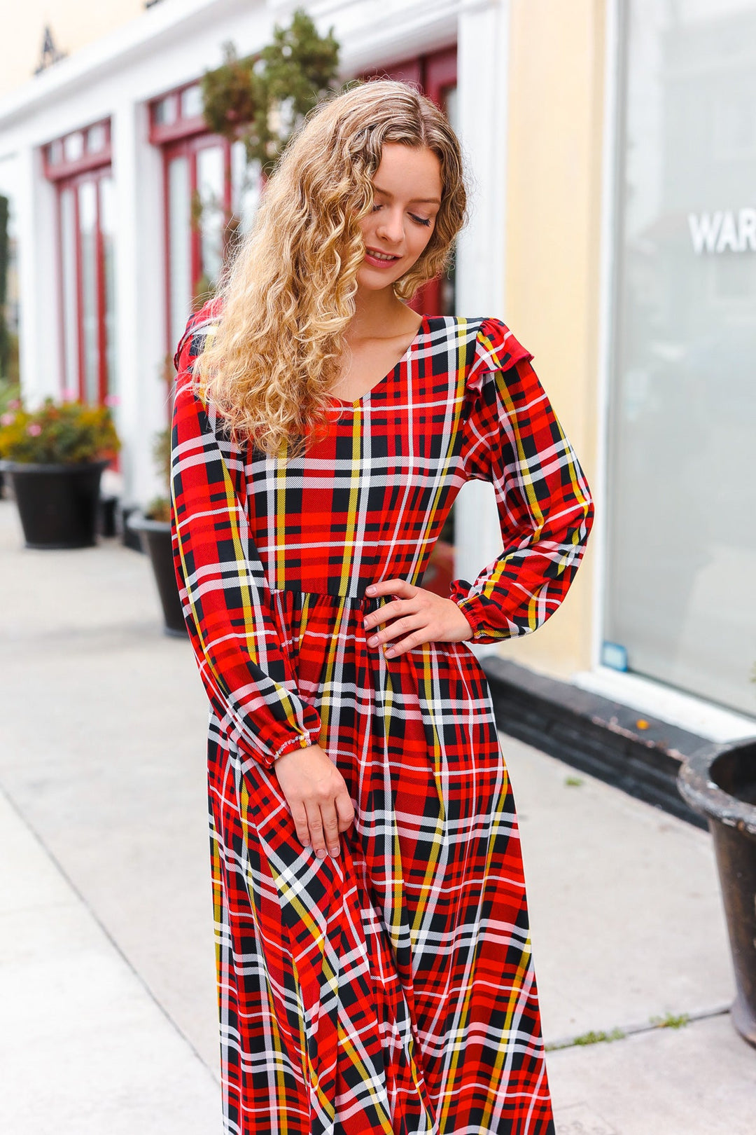 Adorable In Red Plaid Ruffle Detail Fit & Flare Midi Dress-Haptics-[option4]-[option5]-[option6]-[option7]-[option8]-Shop-Boutique-Clothing-for-Women-Online