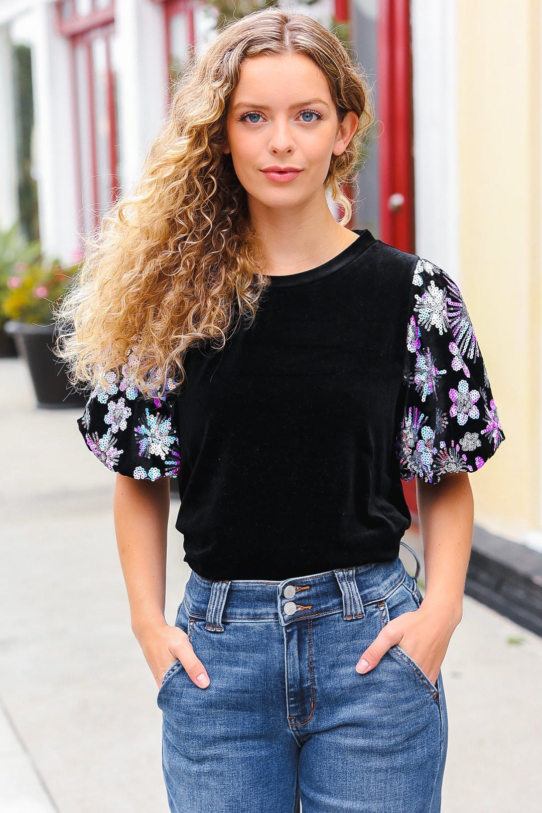 Feeling Glamorous Black Floral Sequin Puff Sleeve Velvet Top-Haptics-[option4]-[option5]-[option6]-[option7]-[option8]-Shop-Boutique-Clothing-for-Women-Online