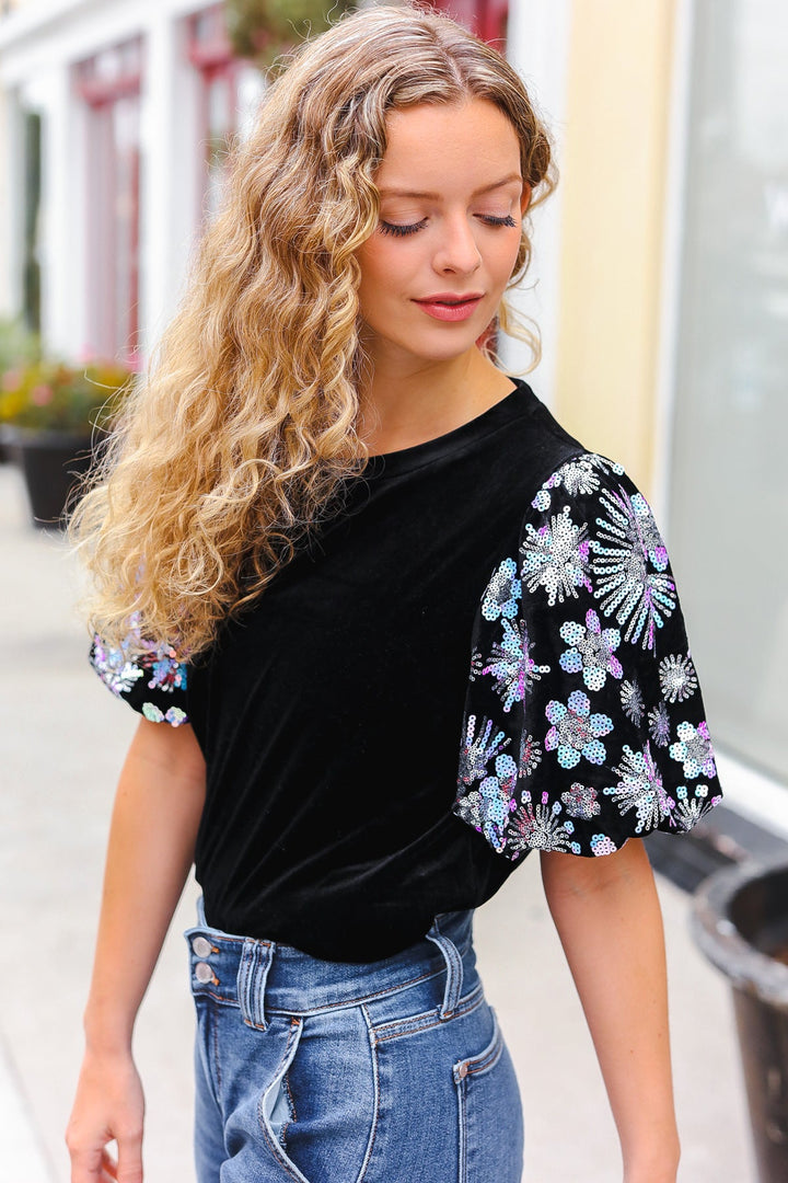 Feeling Glamorous Black Floral Sequin Puff Sleeve Velvet Top-Haptics-[option4]-[option5]-[option6]-[option7]-[option8]-Shop-Boutique-Clothing-for-Women-Online