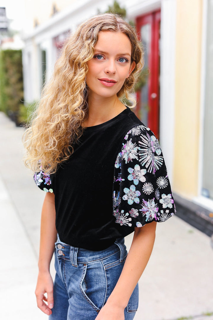 Feeling Glamorous Black Floral Sequin Puff Sleeve Velvet Top-Haptics-[option4]-[option5]-[option6]-[option7]-[option8]-Shop-Boutique-Clothing-for-Women-Online