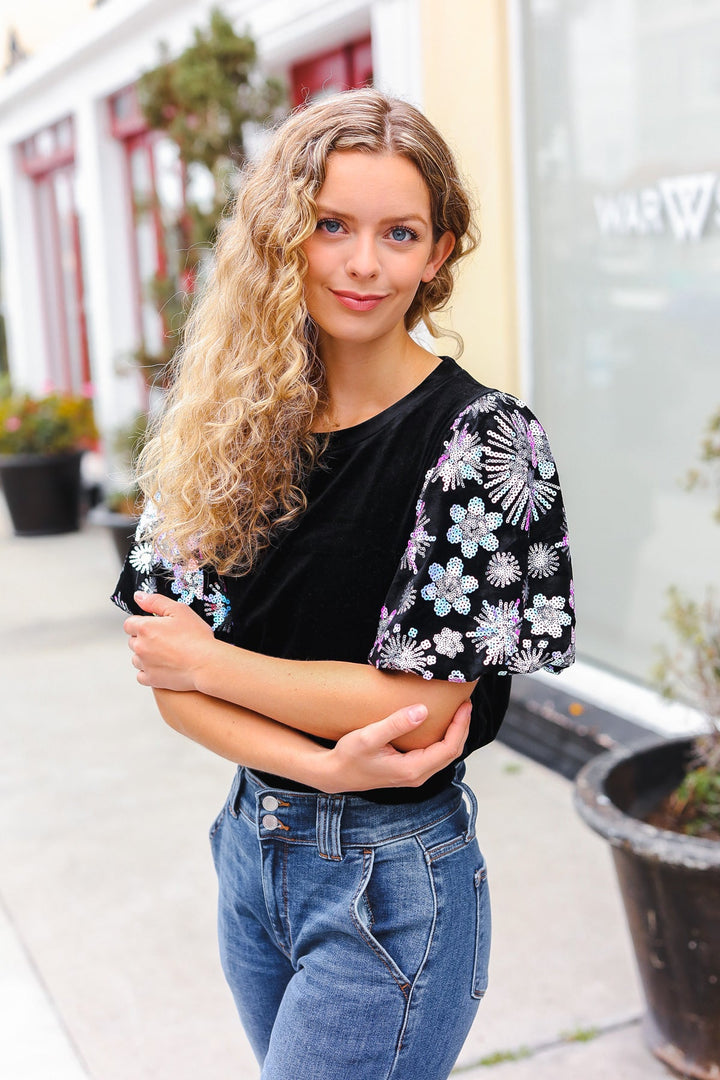 Feeling Glamorous Black Floral Sequin Puff Sleeve Velvet Top-Haptics-[option4]-[option5]-[option6]-[option7]-[option8]-Shop-Boutique-Clothing-for-Women-Online