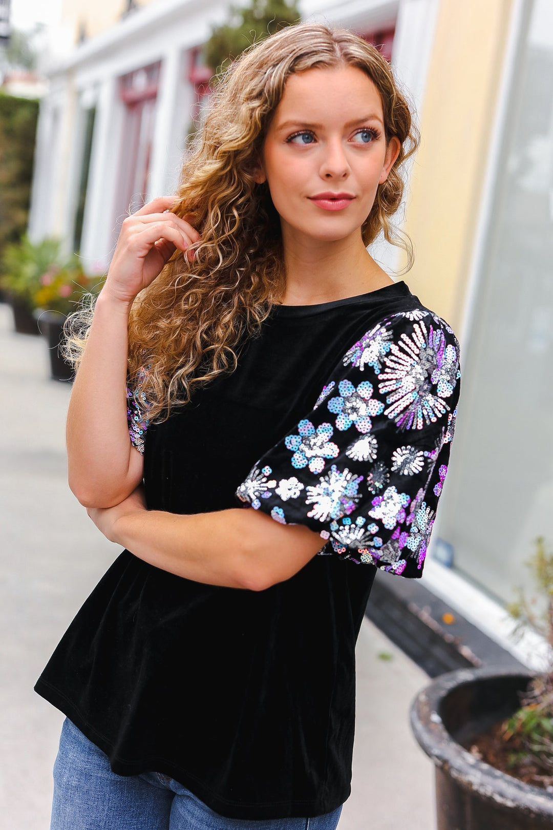 Feeling Glamorous Black Floral Sequin Puff Sleeve Velvet Top-Haptics-[option4]-[option5]-[option6]-[option7]-[option8]-Shop-Boutique-Clothing-for-Women-Online