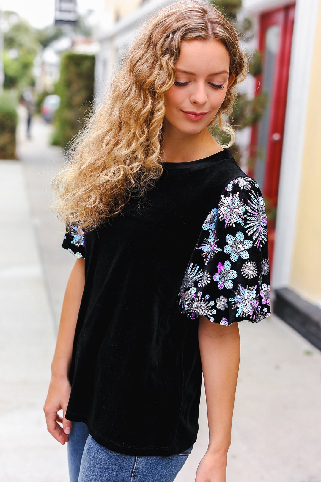 Feeling Glamorous Black Floral Sequin Puff Sleeve Velvet Top-Haptics-[option4]-[option5]-[option6]-[option7]-[option8]-Shop-Boutique-Clothing-for-Women-Online