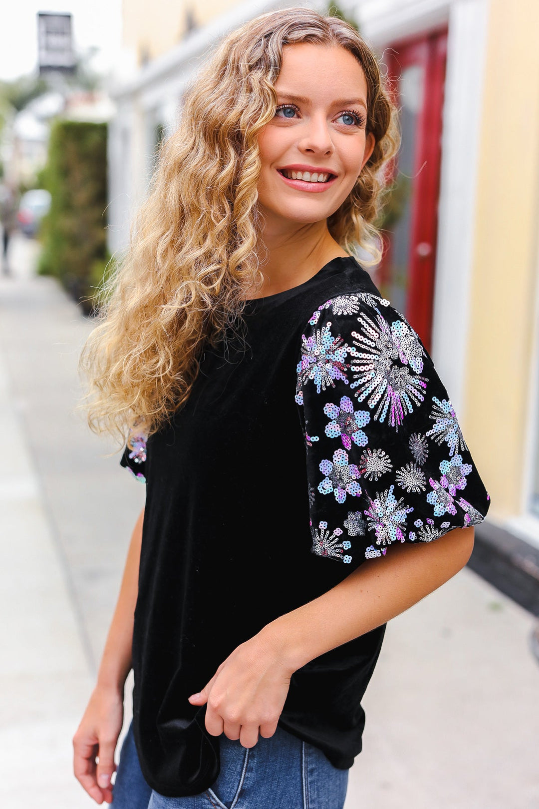 Feeling Glamorous Black Floral Sequin Puff Sleeve Velvet Top-Haptics-[option4]-[option5]-[option6]-[option7]-[option8]-Shop-Boutique-Clothing-for-Women-Online