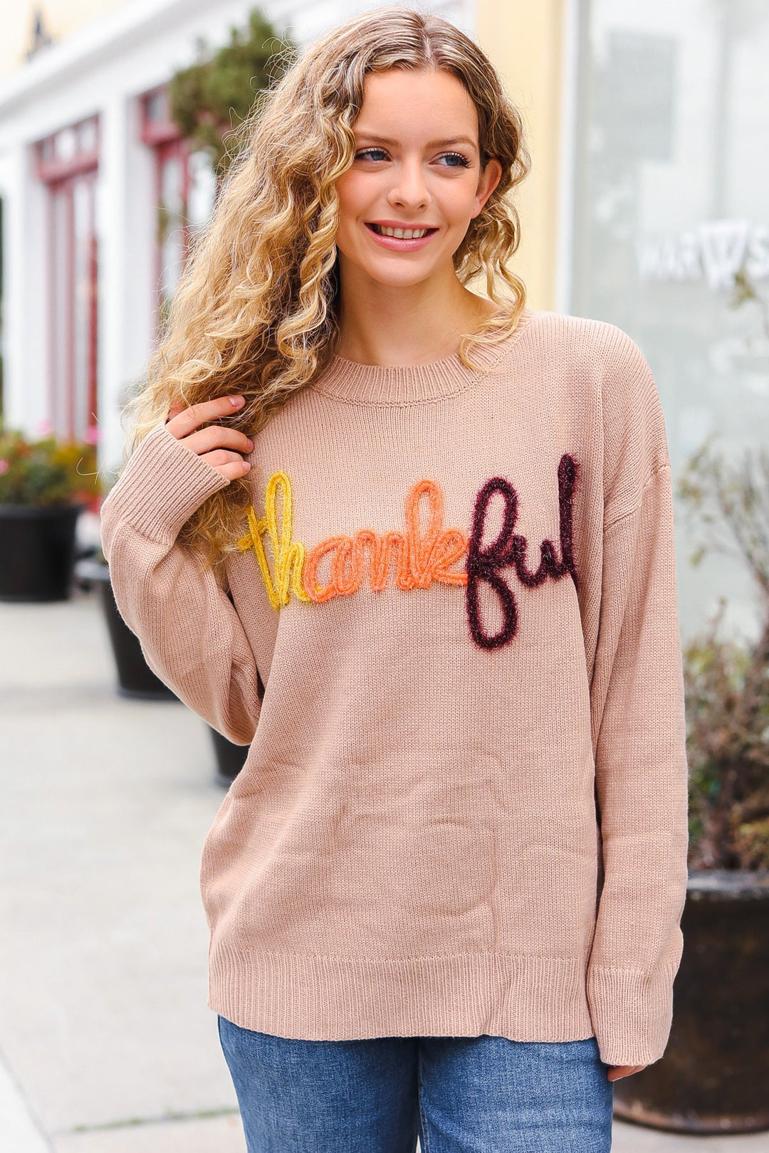 Feeling Thankful Taupe Pop Up Glittery Embroidery Sweater-Haptics-[option4]-[option5]-[option6]-[option7]-[option8]-Shop-Boutique-Clothing-for-Women-Online