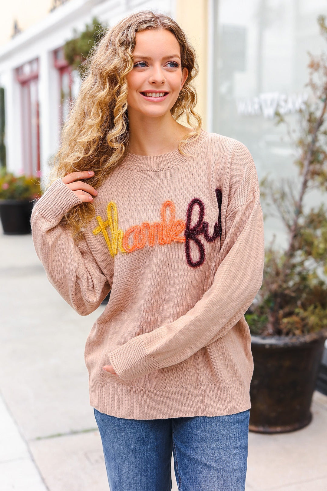 Feeling Thankful Taupe Pop Up Glittery Embroidery Sweater-Haptics-[option4]-[option5]-[option6]-[option7]-[option8]-Shop-Boutique-Clothing-for-Women-Online