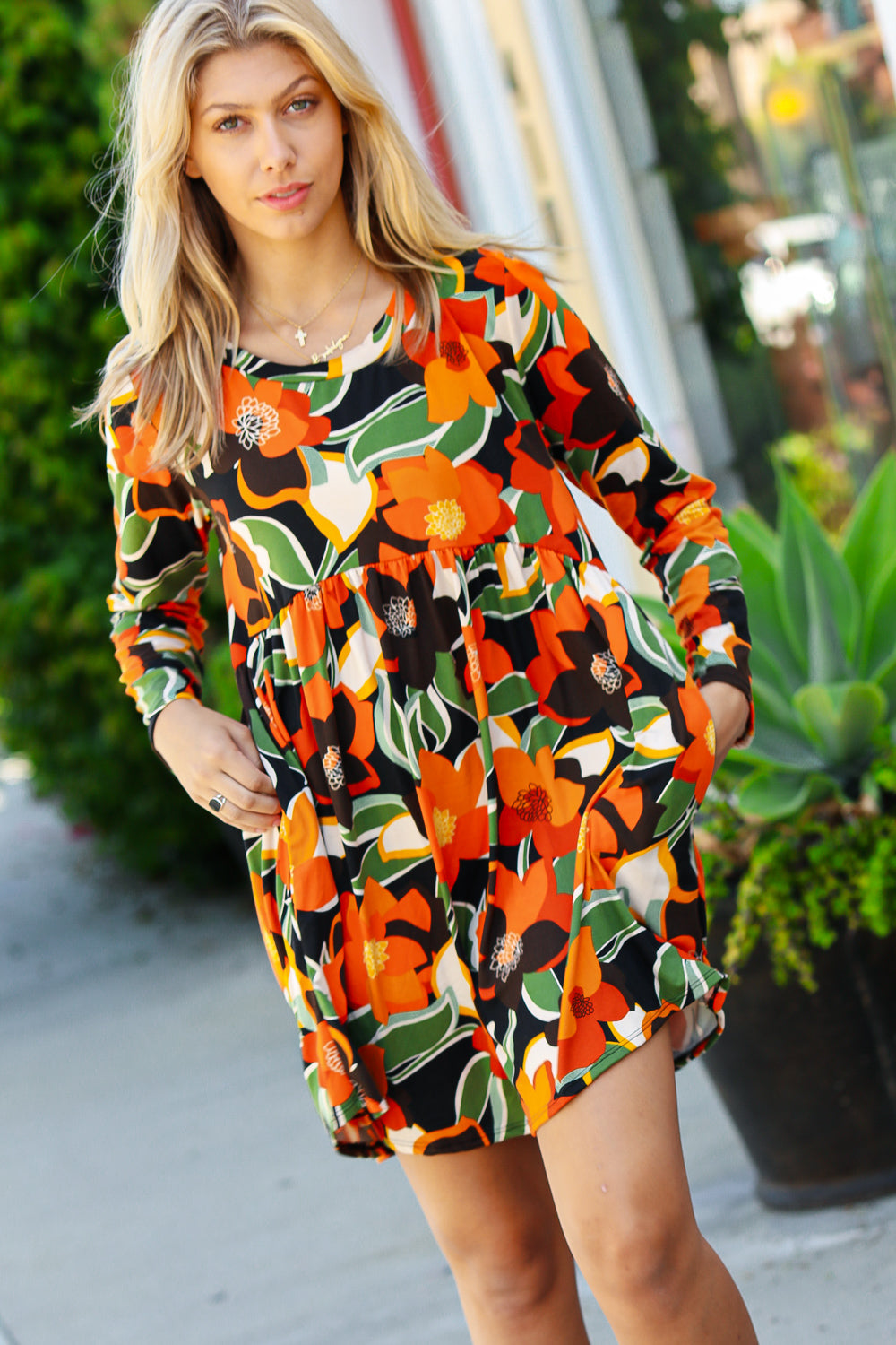 Haptics Orange & Olive Floral Long Sleeve Babydoll Dress-Haptics-[option4]-[option5]-[option6]-[option7]-[option8]-Shop-Boutique-Clothing-for-Women-Online