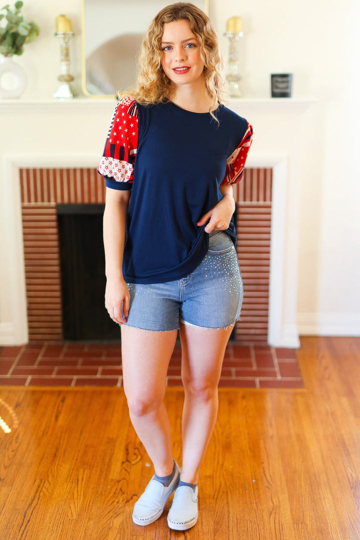 Holiday Stand-Out Navy Patriotic Patchwork Puff Sleeve Top