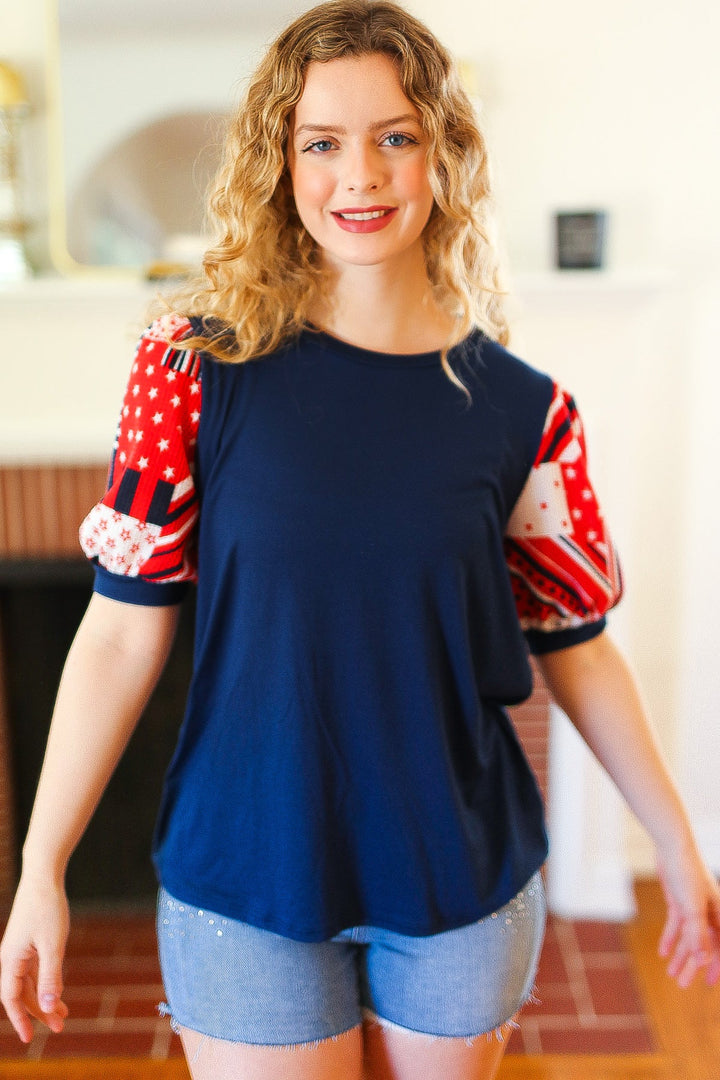 Holiday Stand-Out Navy Patriotic Patchwork Puff Sleeve Top