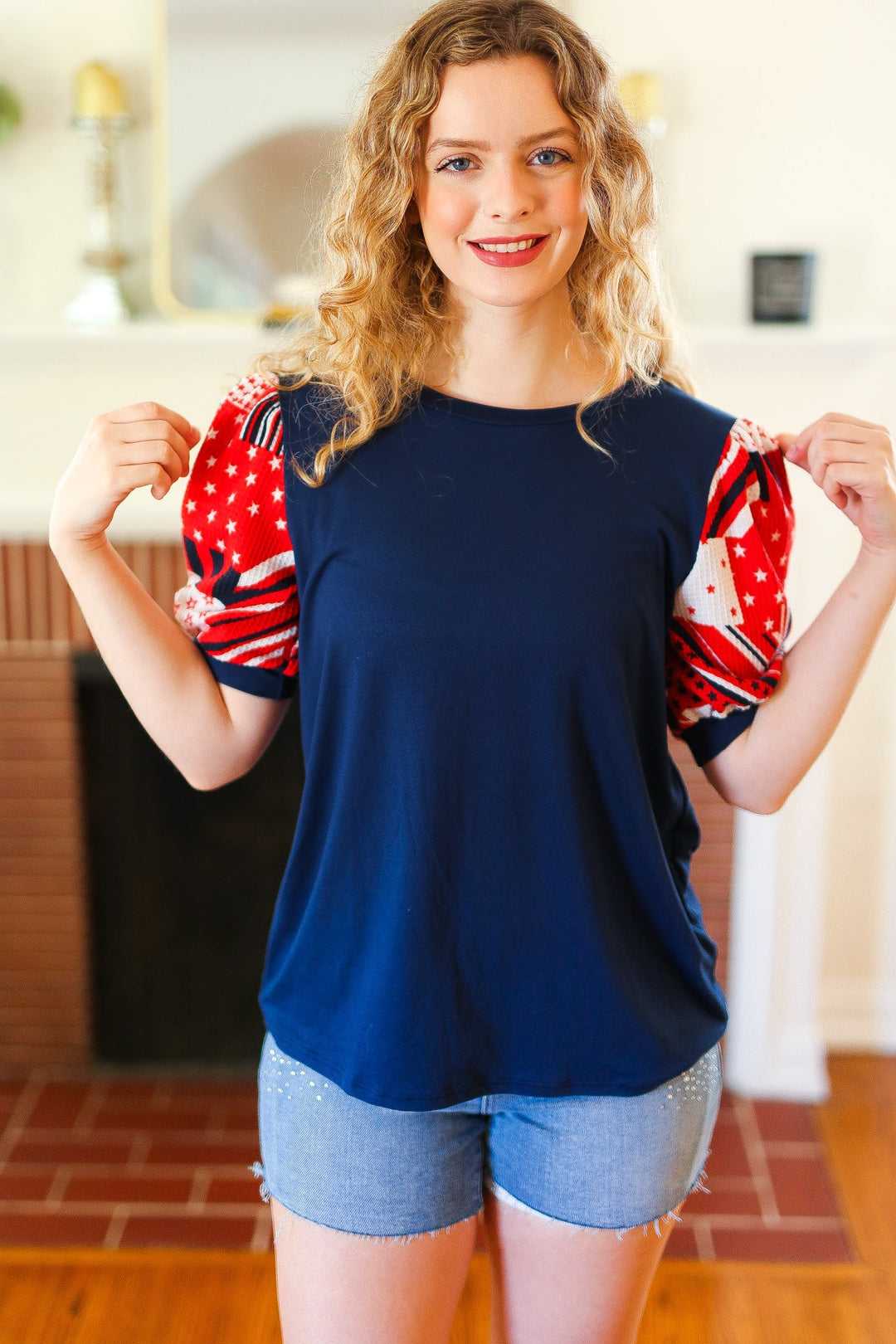 Holiday Stand-Out Navy Patriotic Patchwork Puff Sleeve Top