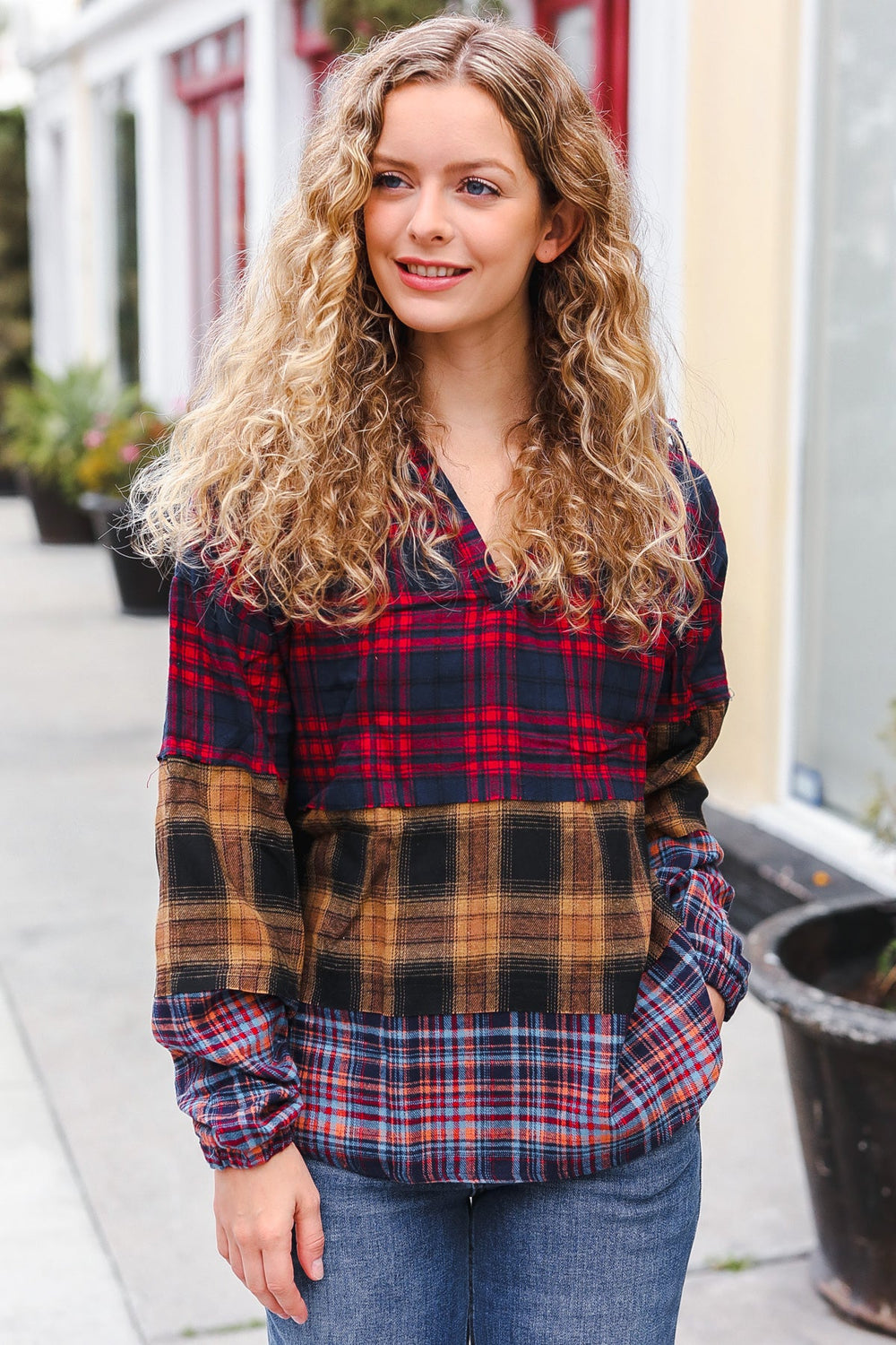 Holiday Ready Red & Mustard Plaid Notched Neck Flannel Hoodie-Haptics-[option4]-[option5]-[option6]-[option7]-[option8]-Shop-Boutique-Clothing-for-Women-Online