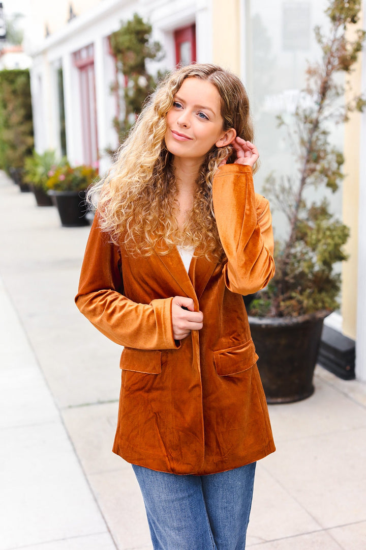 Holiday Stunner Rust Velvet Lapel Blazer-Haptics-[option4]-[option5]-[option6]-[option7]-[option8]-Shop-Boutique-Clothing-for-Women-Online