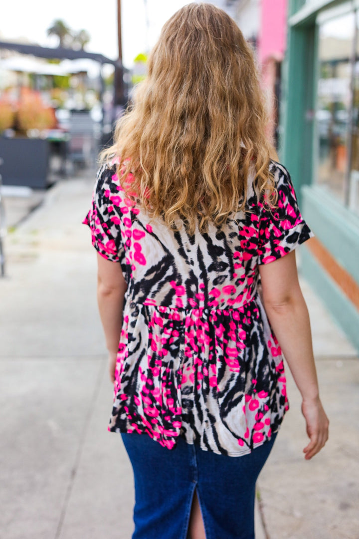 Take Me Away Pink Animal Print Babydoll V Neck Top-Hayzel-[option4]-[option5]-[option6]-[option7]-[option8]-Shop-Boutique-Clothing-for-Women-Online