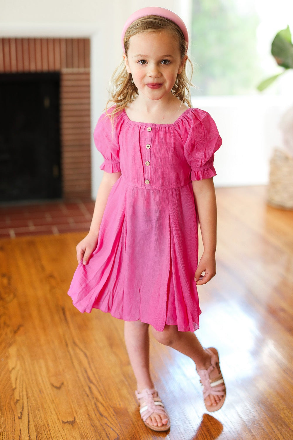 Kids Adorable Dark Rose Button Square Neck Ruche Dress-ODDI-[option4]-[option5]-[option6]-[option7]-[option8]-Shop-Boutique-Clothing-for-Women-Online