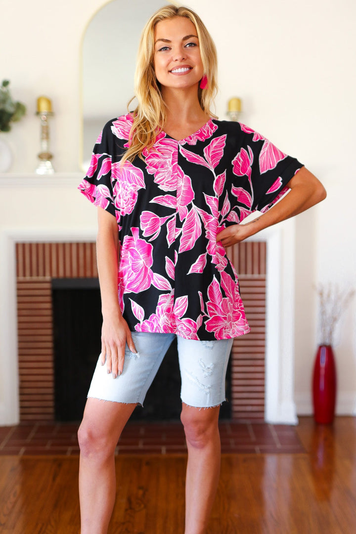 Tropical Vibes Black & Hot Pink Floral V Neck Top-Haptics-[option4]-[option5]-[option6]-[option7]-[option8]-Shop-Boutique-Clothing-for-Women-Online