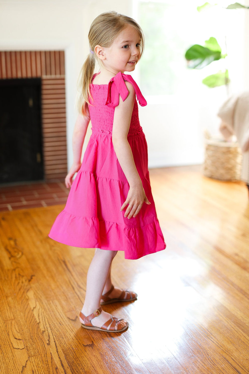 Kids Darling Pink Crepe Tiered Smocked Shoulder Tie Dress-ODDI-[option4]-[option5]-[option6]-[option7]-[option8]-Shop-Boutique-Clothing-for-Women-Online