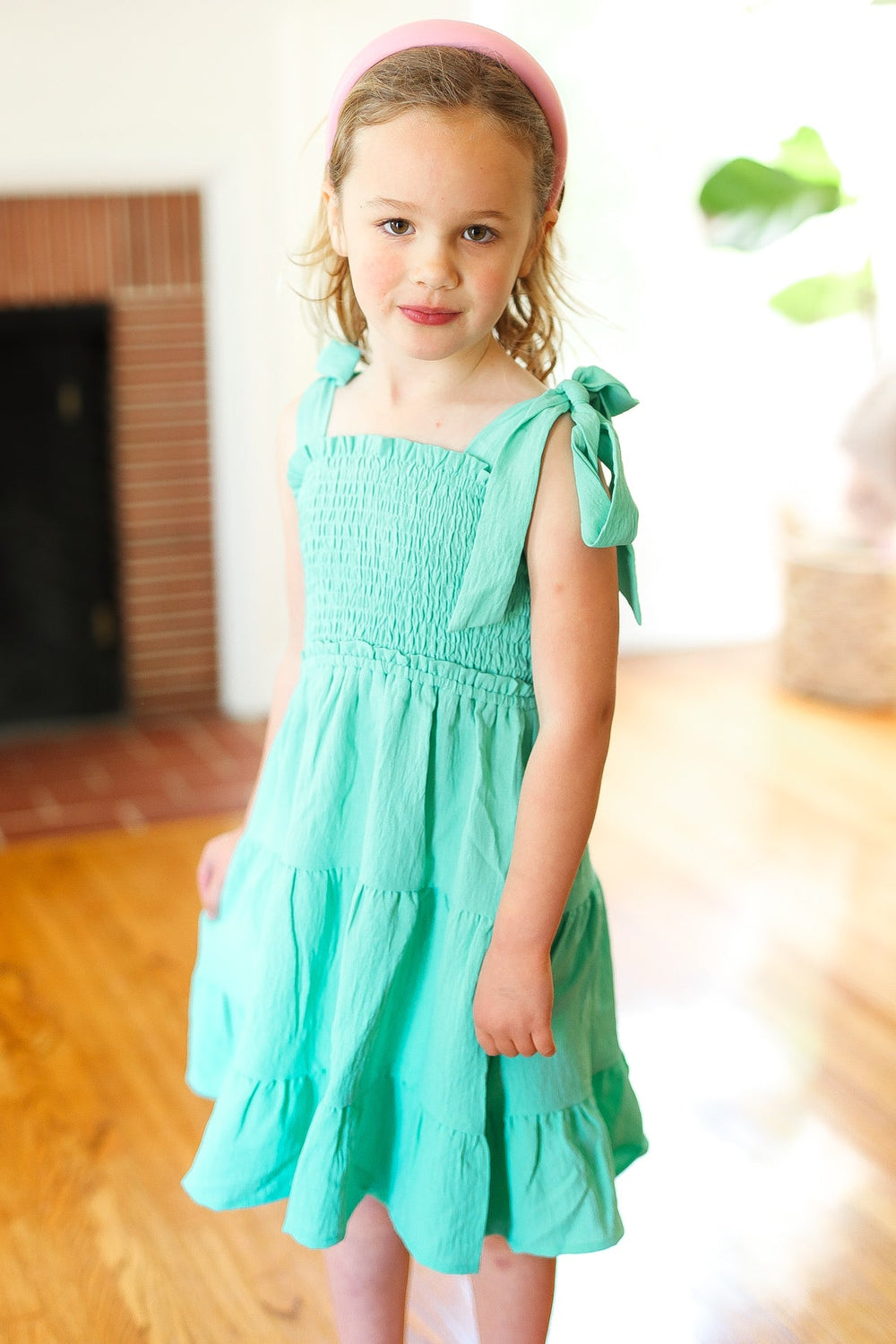 Kids Darling Lime Crepe Tiered Smocked Shoulder Tie Dress-ODDI-[option4]-[option5]-[option6]-[option7]-[option8]-Shop-Boutique-Clothing-for-Women-Online