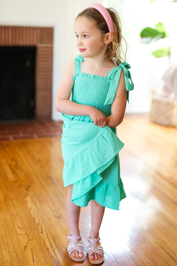 Kids Darling Lime Crepe Tiered Smocked Shoulder Tie Dress-ODDI-[option4]-[option5]-[option6]-[option7]-[option8]-Shop-Boutique-Clothing-for-Women-Online