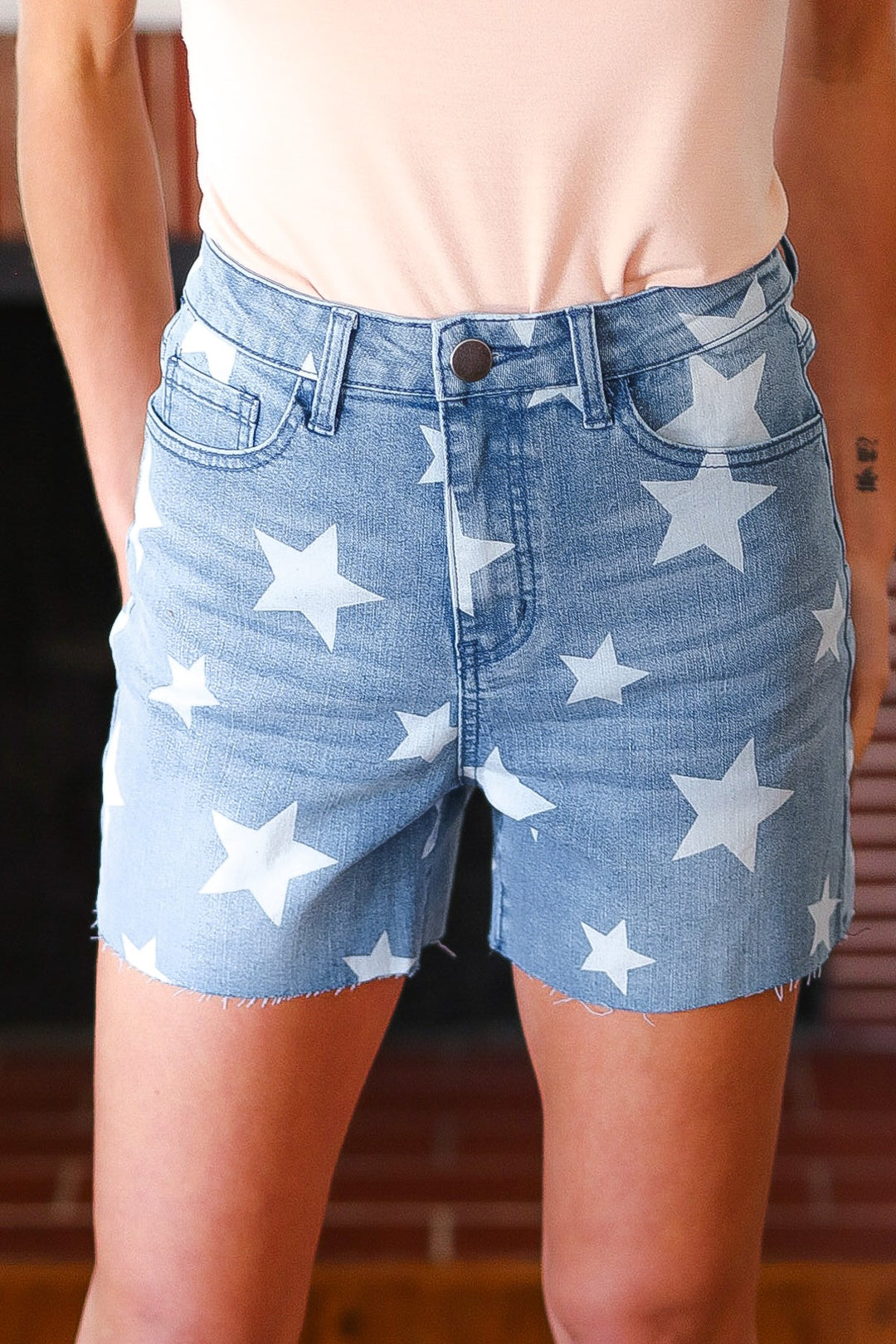 Light Wash Star Print High Rise Denim Shorts-Raw Edge-[option4]-[option5]-[option6]-[option7]-[option8]-Shop-Boutique-Clothing-for-Women-Online