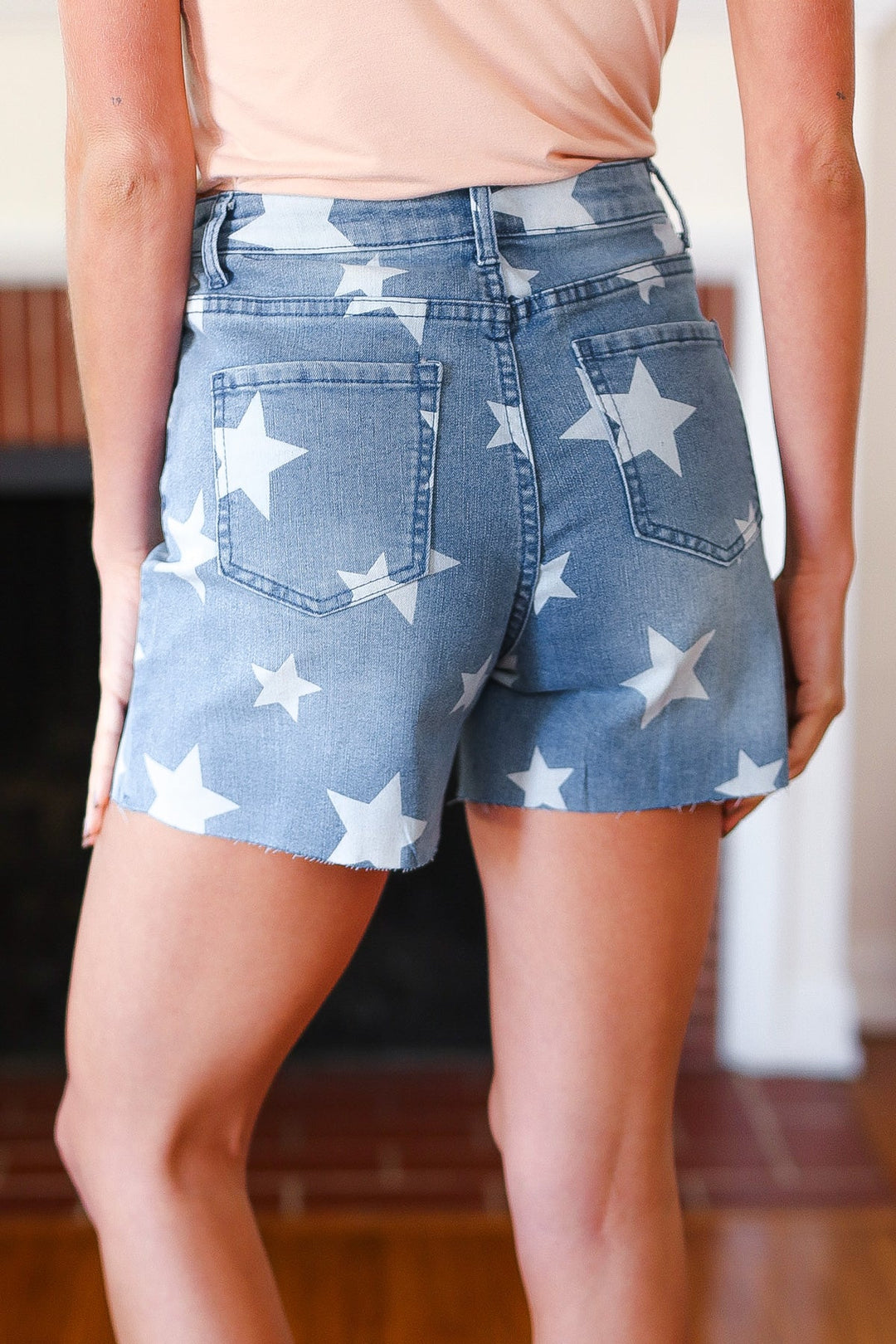 Light Wash Star Print High Rise Denim Shorts-Raw Edge-[option4]-[option5]-[option6]-[option7]-[option8]-Shop-Boutique-Clothing-for-Women-Online