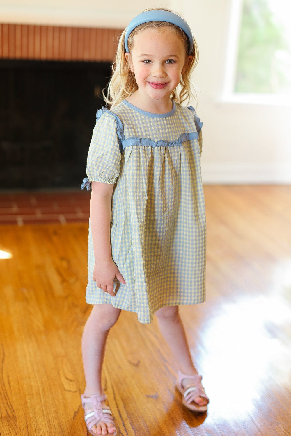Kids Charming Blue Gingham Elastic Tie Sleeve Dress-ODDI-[option4]-[option5]-[option6]-[option7]-[option8]-Shop-Boutique-Clothing-for-Women-Online