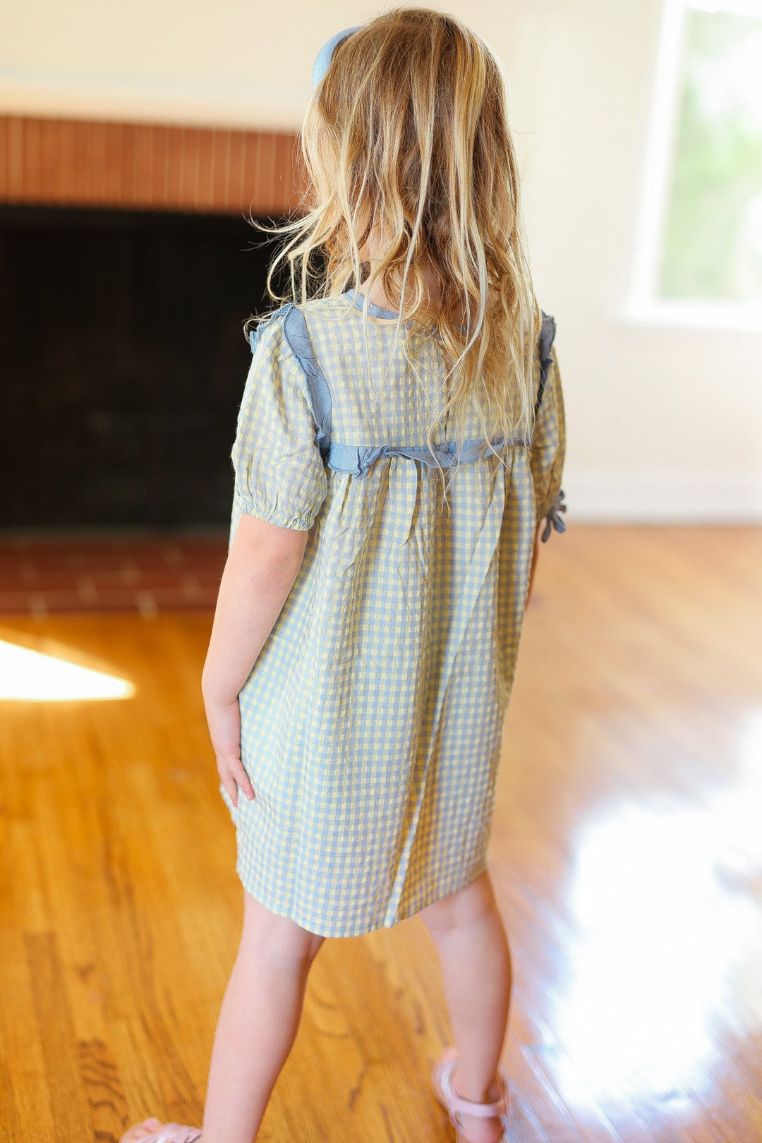 Kids Charming Blue Gingham Elastic Tie Sleeve Dress-ODDI-[option4]-[option5]-[option6]-[option7]-[option8]-Shop-Boutique-Clothing-for-Women-Online