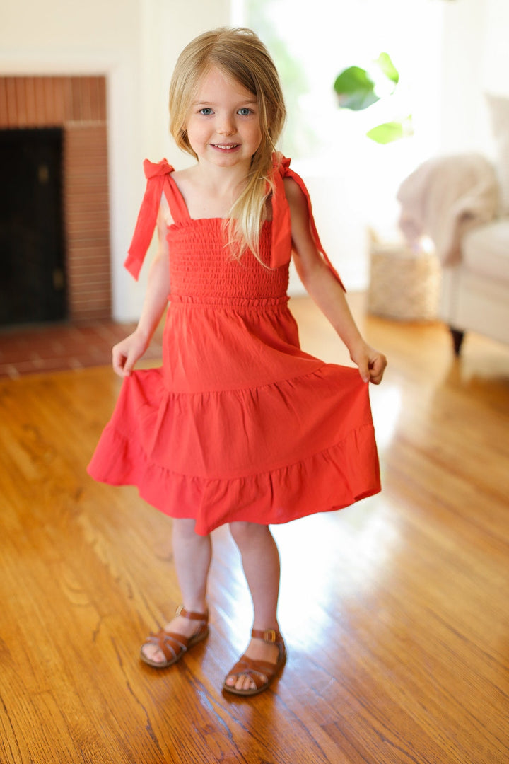 Kids Darling Paprika Crepe Tiered Smocked Shoulder Tie Dress-ODDI-[option4]-[option5]-[option6]-[option7]-[option8]-Shop-Boutique-Clothing-for-Women-Online