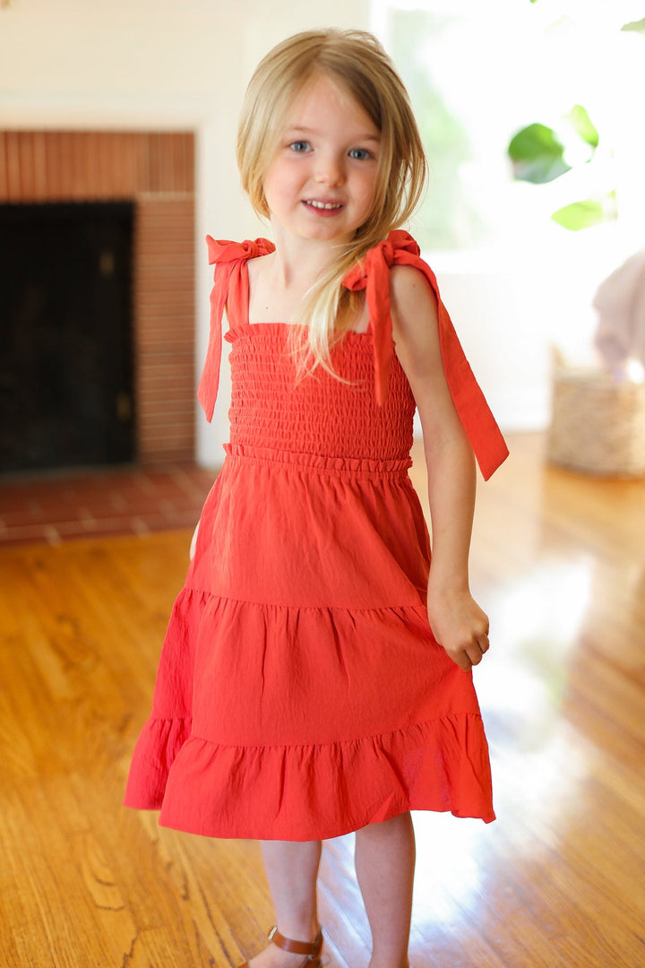 Kids Darling Paprika Crepe Tiered Smocked Shoulder Tie Dress-ODDI-[option4]-[option5]-[option6]-[option7]-[option8]-Shop-Boutique-Clothing-for-Women-Online