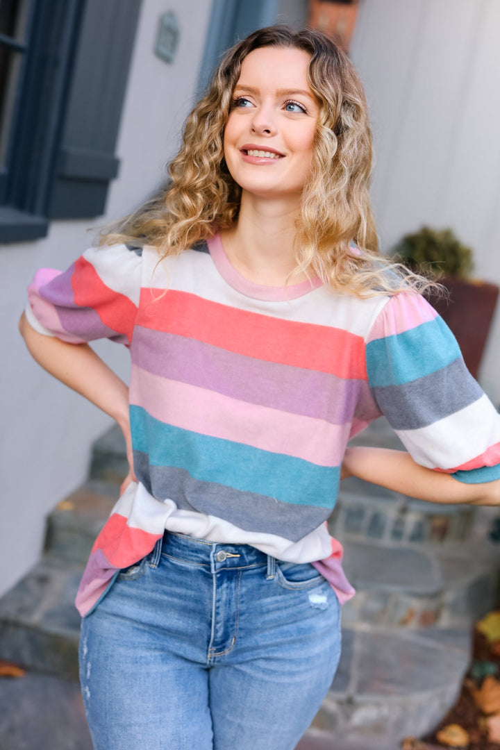 Look Out Teal & Rose Striped Hacci Knit Puff Sleeve Top-Haptics-[option4]-[option5]-[option6]-[option7]-[option8]-Shop-Boutique-Clothing-for-Women-Online