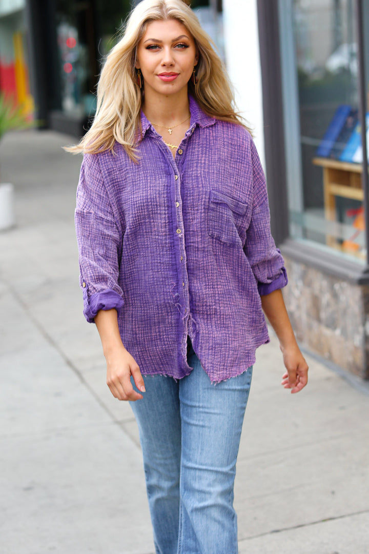 Zenana Violet Washed Cotton Gauze Button Down Shirt-Zenana-[option4]-[option5]-[option6]-[option7]-[option8]-Shop-Boutique-Clothing-for-Women-Online