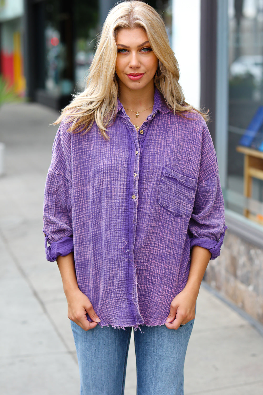 Zenana Violet Washed Cotton Gauze Button Down Shirt-Zenana-[option4]-[option5]-[option6]-[option7]-[option8]-Shop-Boutique-Clothing-for-Women-Online