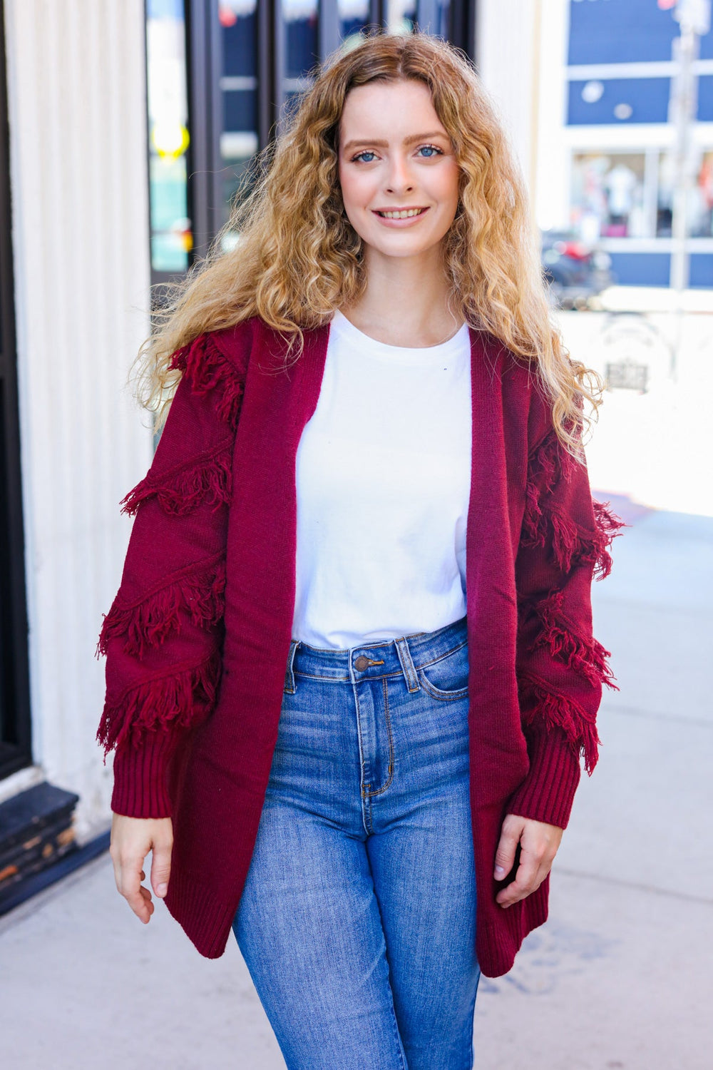 Beautiful You Burgundy Fringe Detail Knit Cardigan-BIBI-[option4]-[option5]-[option6]-[option7]-[option8]-Shop-Boutique-Clothing-for-Women-Online