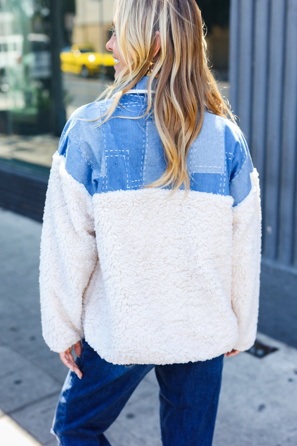 Good Vibes Denim & Ivory Patchwork Sherpa Half Zip Pullover-Bloom 2023 Winter Sale-[option4]-[option5]-[option6]-[option7]-[option8]-Shop-Boutique-Clothing-for-Women-Online