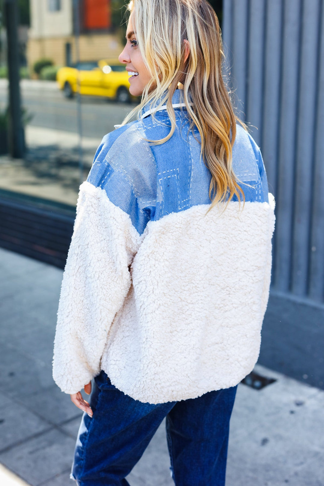 Good Vibes Denim & Ivory Patchwork Sherpa Half Zip Pullover-Bloom 2023 Winter Sale-[option4]-[option5]-[option6]-[option7]-[option8]-Shop-Boutique-Clothing-for-Women-Online