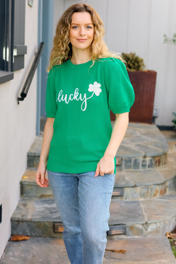 Lucky Lady Shamrock Green Sequin Puff Sleeve Knit Top-Haptics-[option4]-[option5]-[option6]-[option7]-[option8]-Shop-Boutique-Clothing-for-Women-Online