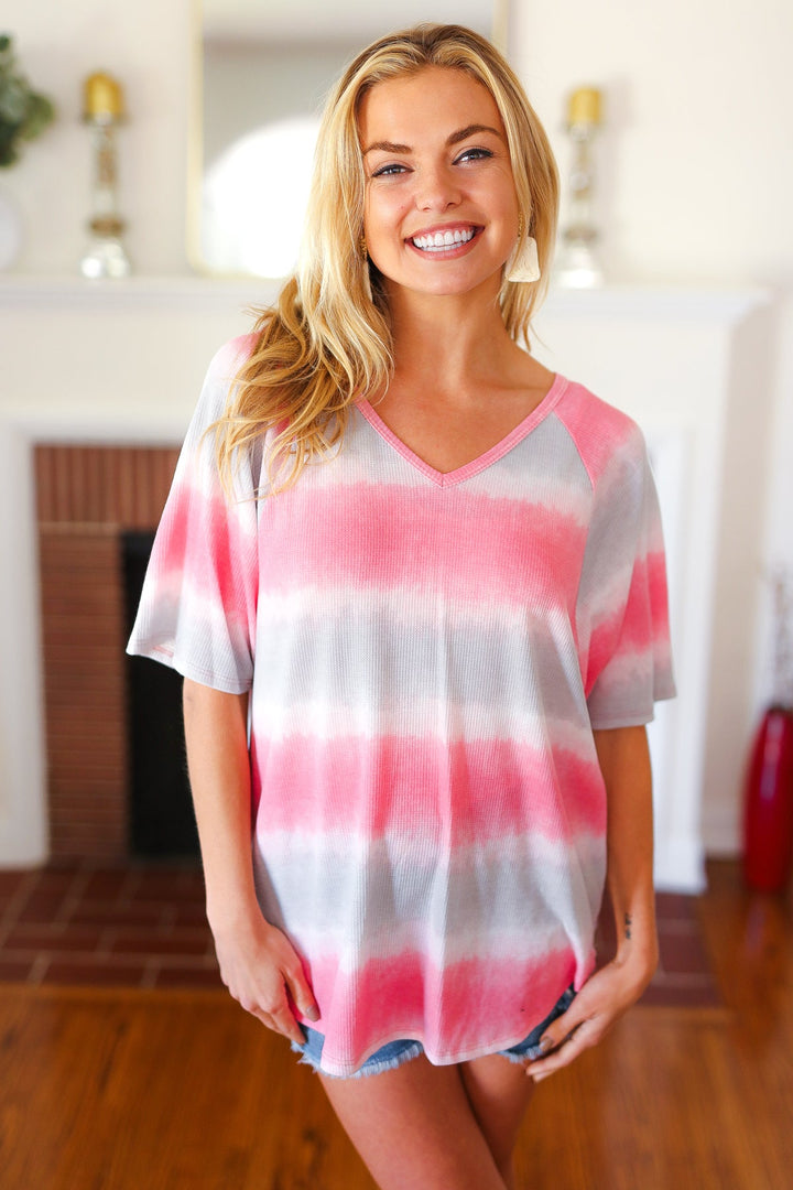 Pink & Grey Tie Dye Stripe Terry V Neck Top-VIAMOR-[option4]-[option5]-[option6]-[option7]-[option8]-Shop-Boutique-Clothing-for-Women-Online