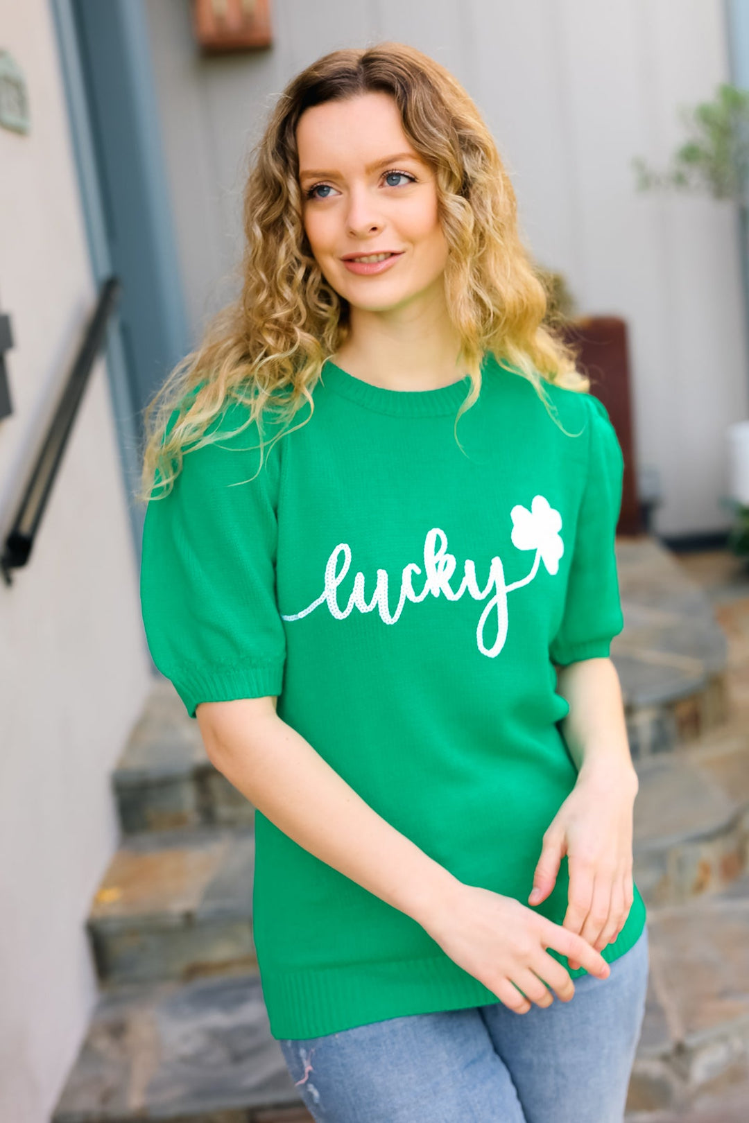 Lucky Lady Shamrock Green Sequin Puff Sleeve Knit Top-Haptics-[option4]-[option5]-[option6]-[option7]-[option8]-Shop-Boutique-Clothing-for-Women-Online