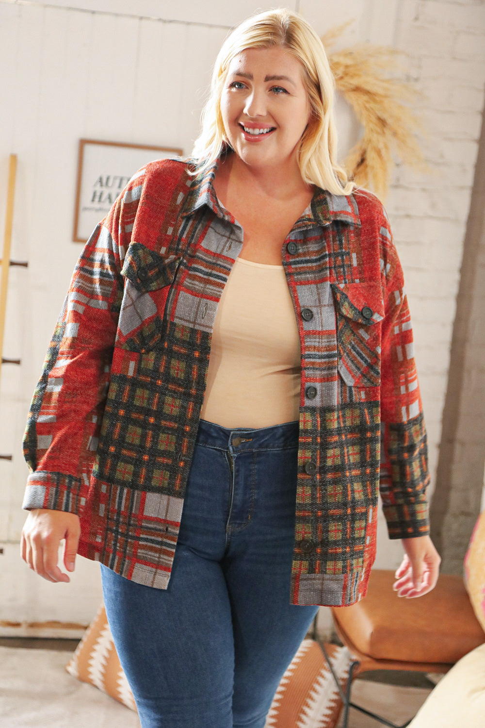 Hunter Green/Rust Brushed Plaid Oversize Shacket-Zenana-[option4]-[option5]-[option6]-[option7]-[option8]-Shop-Boutique-Clothing-for-Women-Online