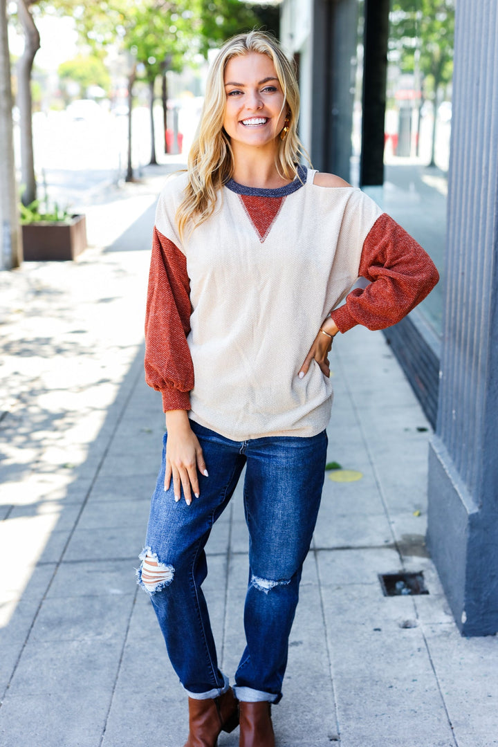 Oatmeal Textured Sweater Knit Cold Shoulder Top-Haptics-[option4]-[option5]-[option6]-[option7]-[option8]-Shop-Boutique-Clothing-for-Women-Online