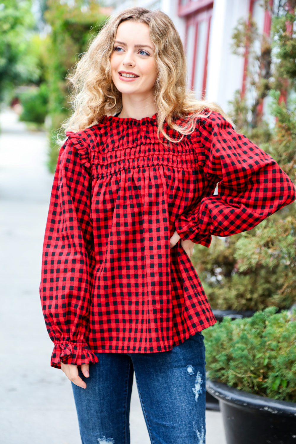 Don't Think Twice Gingham Shirred Mock Neck Frilled Top-The Bee Chic Boutique-[option4]-[option5]-[option6]-[option7]-[option8]-Shop-Boutique-Clothing-for-Women-Online