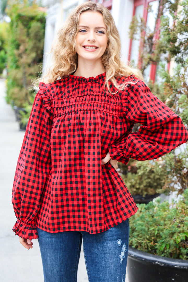 Don't Think Twice Gingham Shirred Mock Neck Frilled Top-The Bee Chic Boutique-[option4]-[option5]-[option6]-[option7]-[option8]-Shop-Boutique-Clothing-for-Women-Online