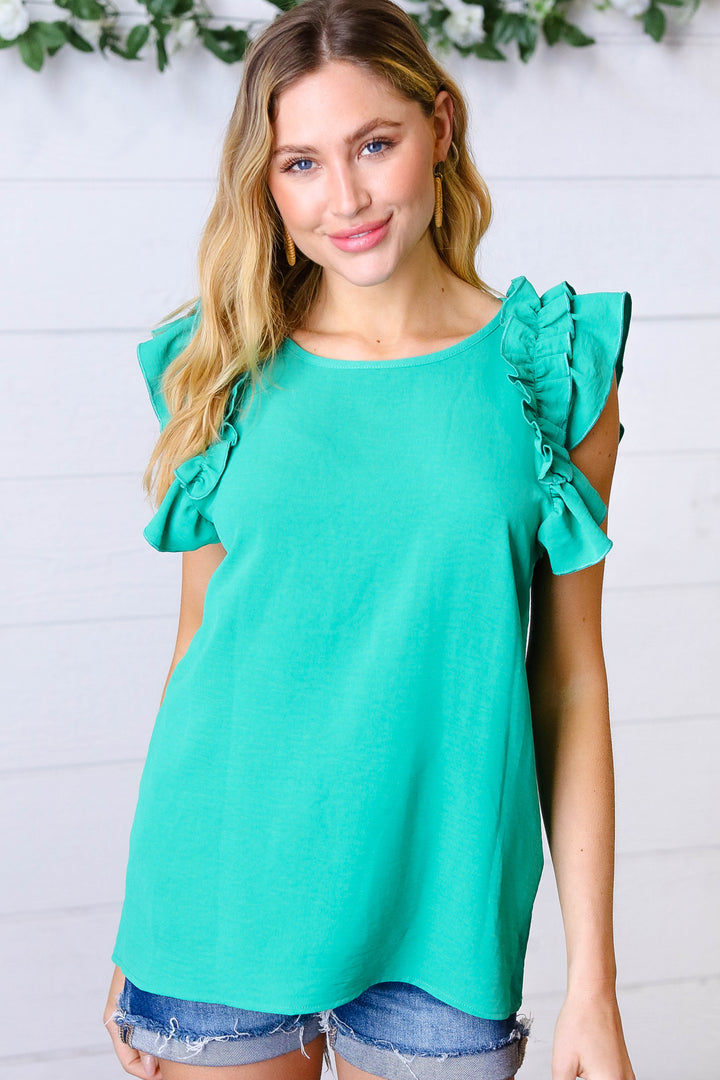 Kelly Green Double Ruffle Sleeve Crinkle Top-Haptics-[option4]-[option5]-[option6]-[option7]-[option8]-Shop-Boutique-Clothing-for-Women-Online