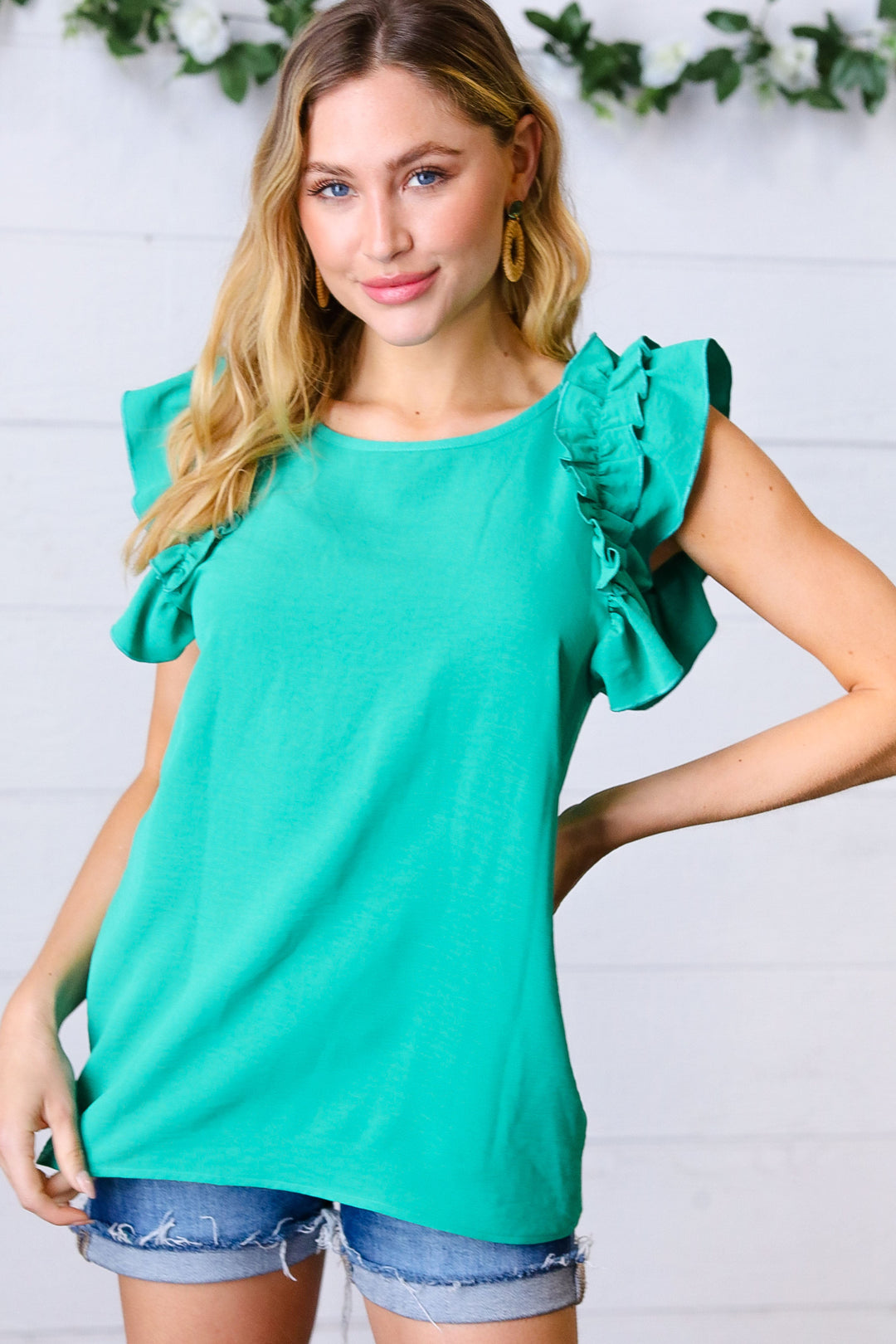 Kelly Green Double Ruffle Sleeve Crinkle Top-Haptics-[option4]-[option5]-[option6]-[option7]-[option8]-Shop-Boutique-Clothing-for-Women-Online