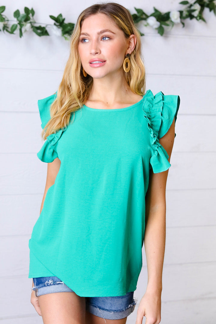 Kelly Green Double Ruffle Sleeve Crinkle Top-Haptics-[option4]-[option5]-[option6]-[option7]-[option8]-Shop-Boutique-Clothing-for-Women-Online